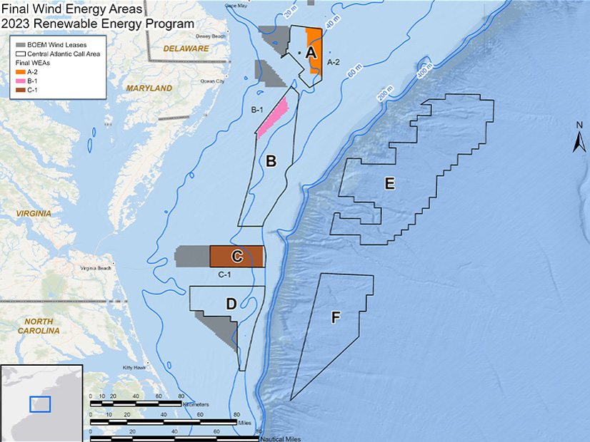 Federally designated ocean wind energy areas are shown in the vicinity of Delaware.