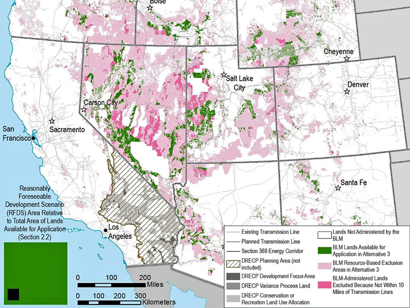 Areas in green would be suitable for solar power development under a roadmap proposed by the U.S. Bureau of Land Management.