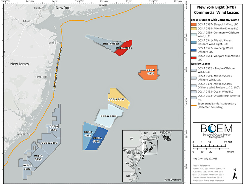A U.S. Bureau of Ocean Energy Management map shows wind energy lease areas off the New Jersey coast.