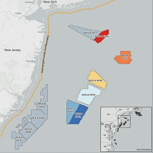 A U.S. Bureau of Ocean Energy Management map shows wind energy lease areas off the New Jersey coast.