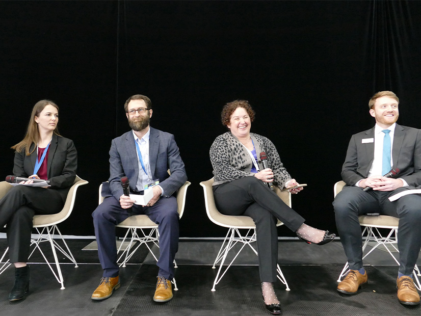 Panelists at the Floating Offshore Wind Port and Vessel Summit discuss supply chain challenges for the development of West Coast offshore wind. From left: Michelle Bardini, Vestas; Seth Price, Principal Power; Sloane Perras, Foss Offshore Wind; John Begala, Oceantic Network