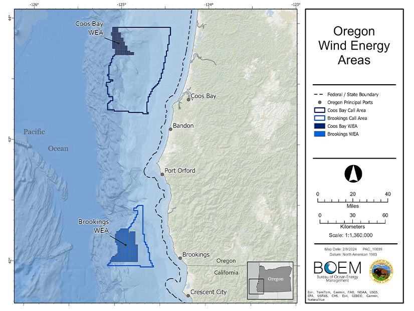 The U.S. Bureau of Ocean Energy Management announced two wind energy areas off the Oregon coast on Feb. 13.