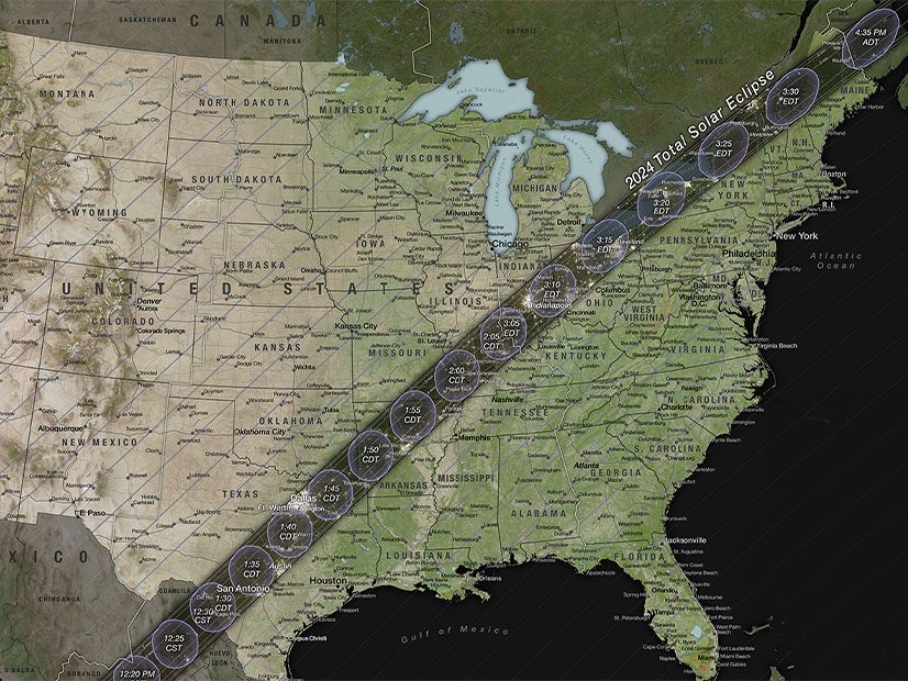 Map shows the path of totality for the April 8, 2024, solar eclipse.