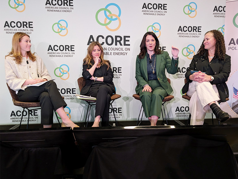 A rare all-women panel takes on defending the IRA and clean energy policy in a future Republican administration at the ACORE Policy Forum: (from left) Jayni Hein, Covington & Burling; Melissa Burnison, Berkshire Hathaway Energy; Sara Hunt, Joseph Rainey Center for Public Policy, and Kelly Speakes-Backman, Invenergy.