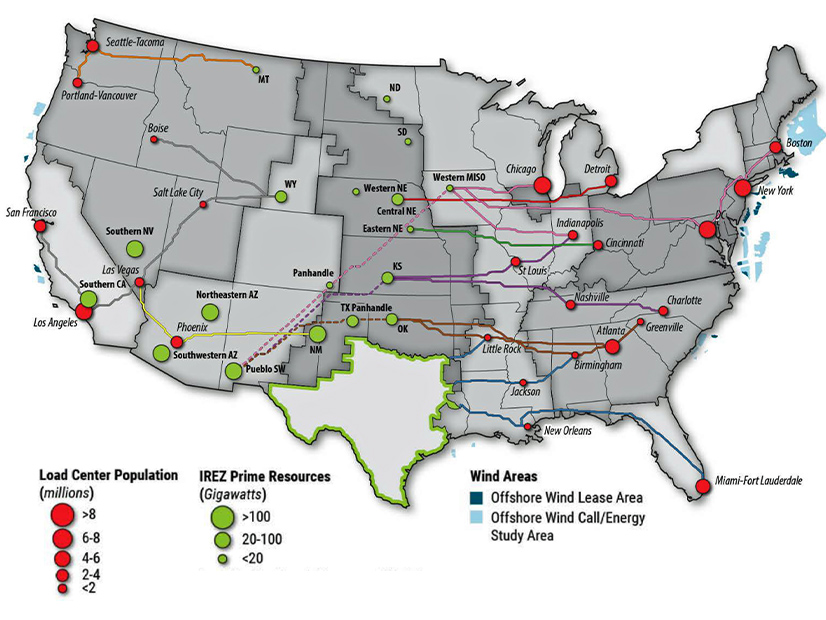 The National Renewable Energy Laboratory created this interregional renewable energy zone map to show how new interregional transmission could move renewable energy resources from greatest area of concentration to greatest concentration of potential users.