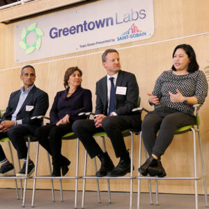 Panel from left: Ian Coss, PRX Productions; Joe Curtatone, Northeast Clean Energy Council; Secretary Rebecca Tepper, Mass. Executive Office of Energy and Environmental Affairs; Jeremy McDiarmid, Advanced Energy United; and Maria Robinson, U.S. Department of Energy Grid Deployment Office