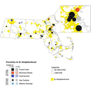 Proximity of existing and proposed electricity generating projects to environmental justice neighborhoods