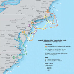 An illustration from the report showing potential offshore transmission lines and points of interconnection on land in 2050.