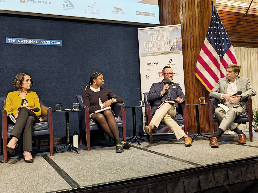 Talking sustainable transportation at the Tech for Climate Action Conference are (from left) Gretchen Goldman, U.S. DOT; Isabelle Thomas, NYC; Colin Tetrault, EY, and Tim Sexton, Minnesota DOT.