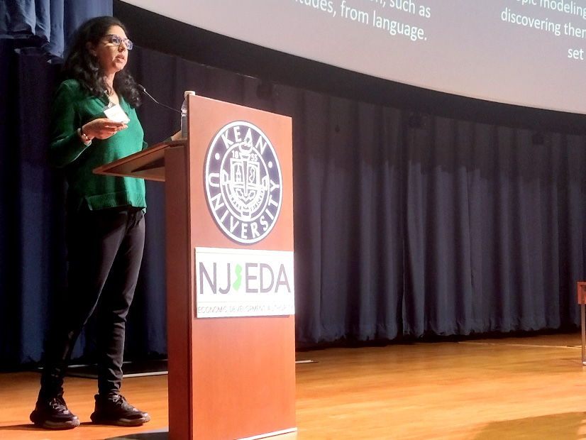Aparna Varde, a professor at Montclair State University, addresses the Wind Institute Research Symposium and outlines the research she conducted into the sentiment of social media posts toward offshore wind projects.