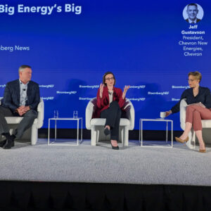 Fossil fuel executives Jeff Gustavson of Chevron (left) and Anna Mascolo of Shell (center) lay out their vision of the role of "low-carbon" technologies in the energy transition, with moderator Alix Steel of BNEF. 