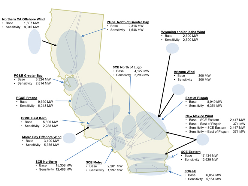 Expected resource additions in each CAISO interconnection zone, with estimates for both a base case and a 'sensitivity' analysis that factors in a large amount of offshore wind off the coast of Northern California.  