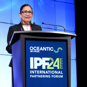 U.S. Secretary of the Interior Deb Harland speaks at the International Partnering Forum in New Orleans on April 24.