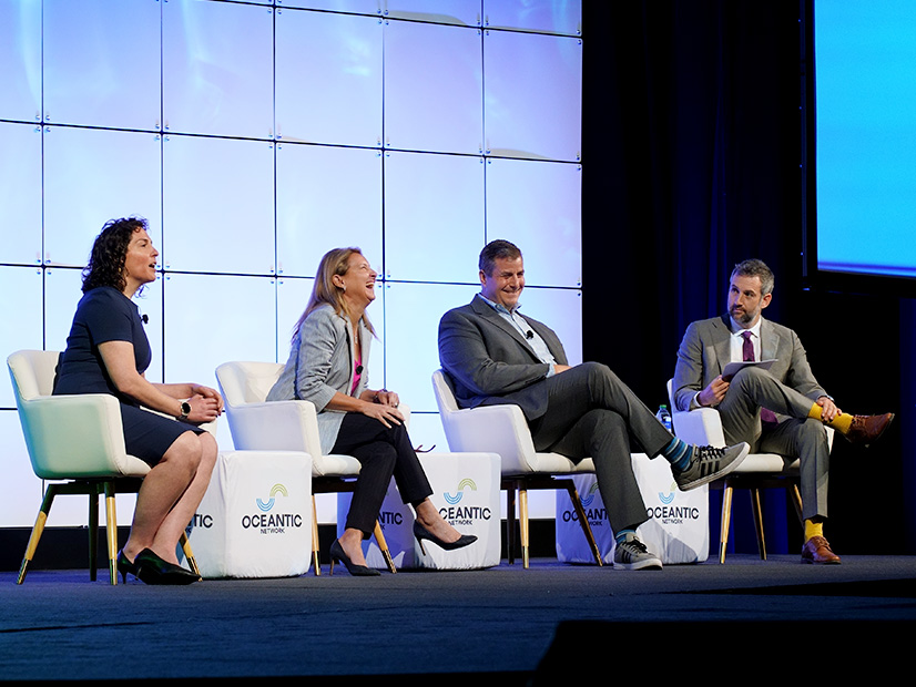 From left: Amanda Lefton of RWE; Celine Gerson of Fugro; Josua Weinstein of bp; and Josh Saul of Bloomberg hold a plenary discussion on the next chapter for the U.S. offshore wind industry at IPF24 in New Orleans on April 24.