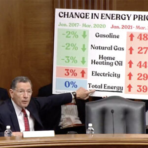 Ranking Member John Barrasso (R-Wyo.) points to a chart showing recent increases in the cost of energy.