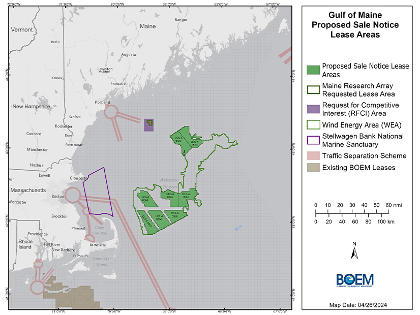 The U.S. Bureau of Ocean Energy Management is proposing to offer at auction eight wind energy areas in the Gulf of Maine.