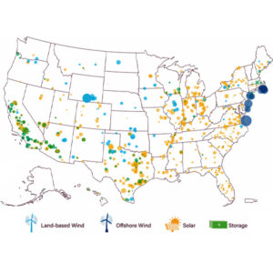 The size and distribution of clean power projects in the pipeline in the U.S.