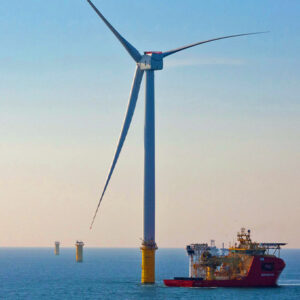 A GE Vernova Haliade-X wind turbine is shown at the Dogger Bank Wind Farm under construction off the east coast of England