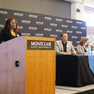 Candyce Rountree (left), manager of residential energy efficiency at Pepco Holdings, speaks about the challenges of implementing energy efficiency programs on a panel at Montclair State University's Clean and Sustainable Energy Summit. Also on the panel were (second left to right) Kevin Monte de Ramos, New Jersey Board of Public Utilities; Anne-Marie Peracchio, New Jersey Natural Gas; Sirajuddin Shaikh, Jersey Central Power & Light Co. and Frank Vetri, Elizabethtown Gas.