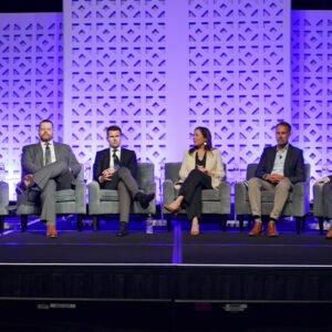 From left: Stephanie McClellan, executive director at Turn Forward; Sam Eaton, CEO of RWE Offshore Holdings; Michael Brown, CEO of Ocean Winds North America; Alicia Barton, CEO of Vineyard Offshore; Martin Goff, Equinor; and Daniel Runyan, Invenergy.