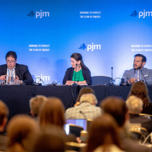 From left: PJM's David Souder, Chantal Hendrzak and Emanuel Bernabeu speak at the 2024 PJM Annual Meeting.