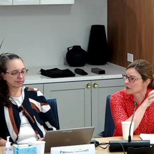 FERC Commissioner Allison Clements, right, speaks to NERC's Board of Trustees at their meeting in Washington, D.C., next to Pat Hoffman of the Department of Energy.