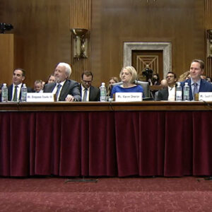 Featured speakers at the hearing were (from left) Benjamin Fowke III, AEP; Karen Onaran, Electricity Consumers Resource Council; Scott Gatzemeier, Micron Technology; and Mark P. Mills, National Center for Energy Analytics.
