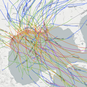 A NOAA map shows the track of the 62 hurricanes that hit the Texas and Louisiana coasts in the past century.