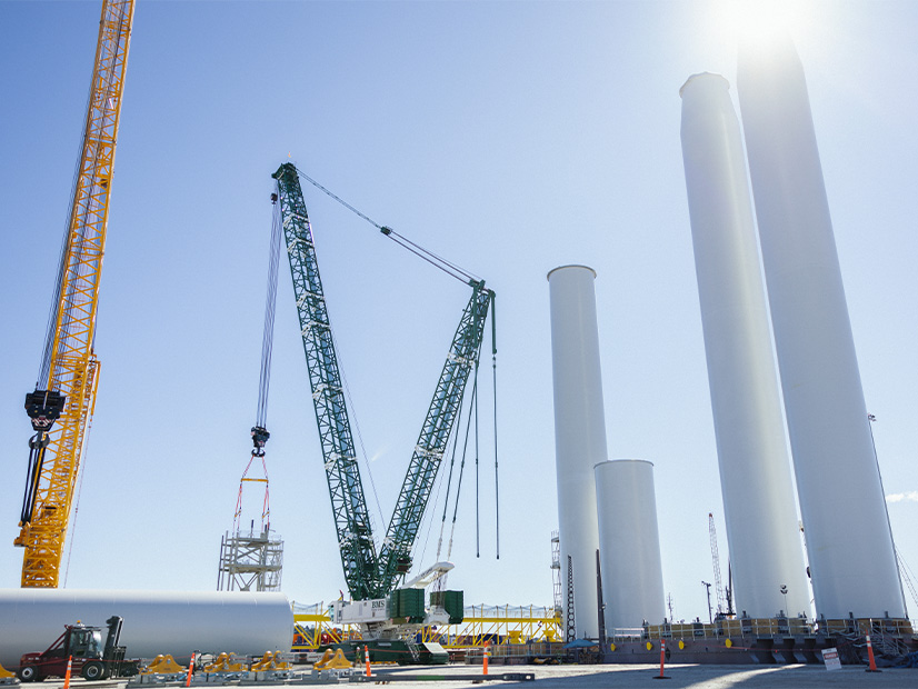 Components for the South Fork Wind offshore wind farm are shown at the State Pier in New London, Conn., in late 2023.