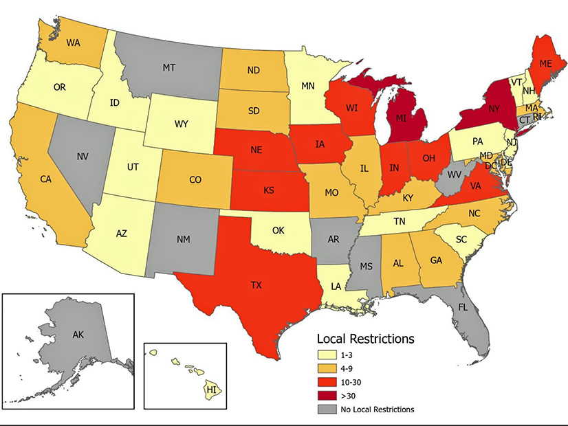 Local restrictions on renewable energy development are mapped across the U.S.