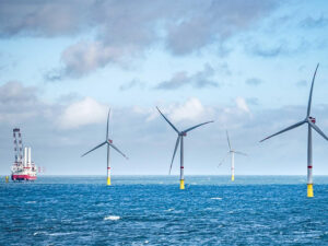 Installation work is shown during an earlier phase of the Vineyard Wind 1 project off the Massachusetts coast. Installation work is shown during an earlier phase of the Vineyard Wind 1 project off the Massachusetts coast.