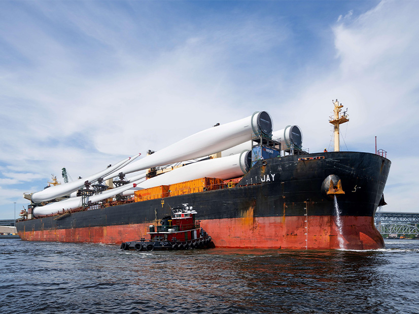 A load of 97-meter blades for the Revolution Wind project is delivered in 2024. The project, which is now nearing completion, was slapped with a stop-work order by the Trump administration Aug. 22.