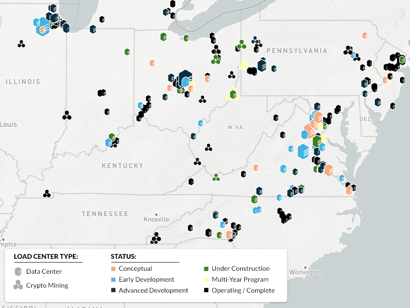 A Yes Energy produced map shows existing and proposed data centers in PJM.
