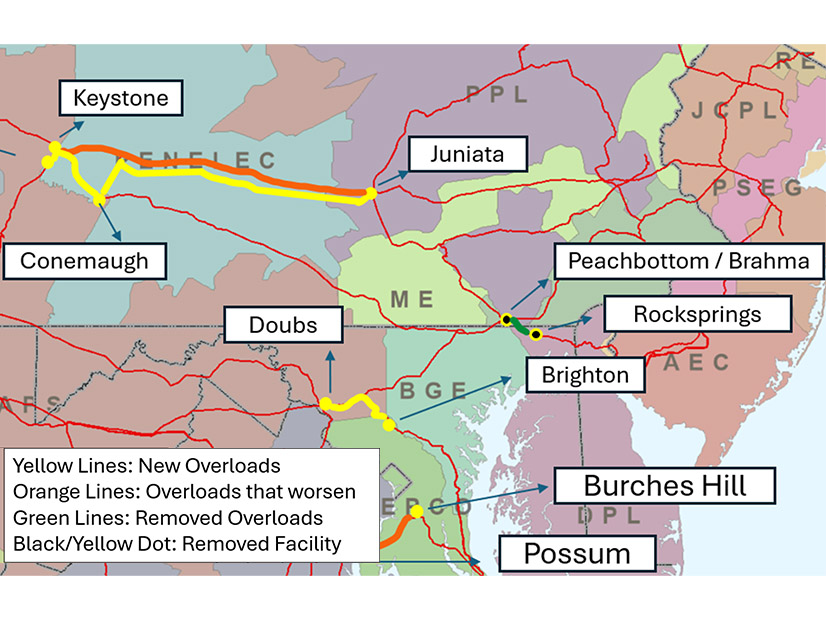A PJM map shows overloads on several 500-kV lines identified in a scenario removing offshore wind development in New Jersey and Delaware from its bulk power flow modeling.
