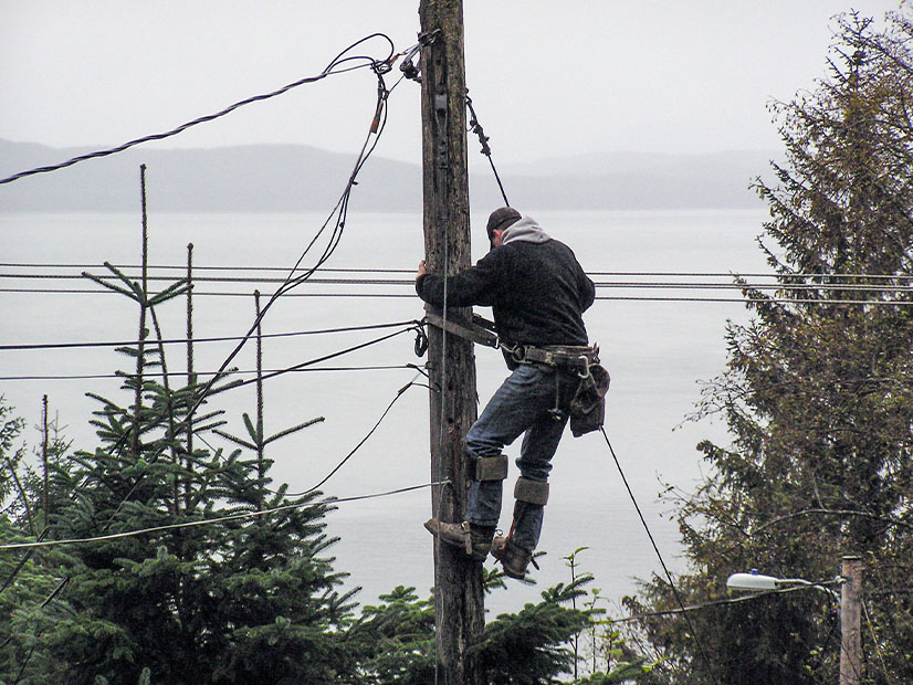 A lineman for Alaska Electric Light & Power climbs a pole in Juneau, Alaska.