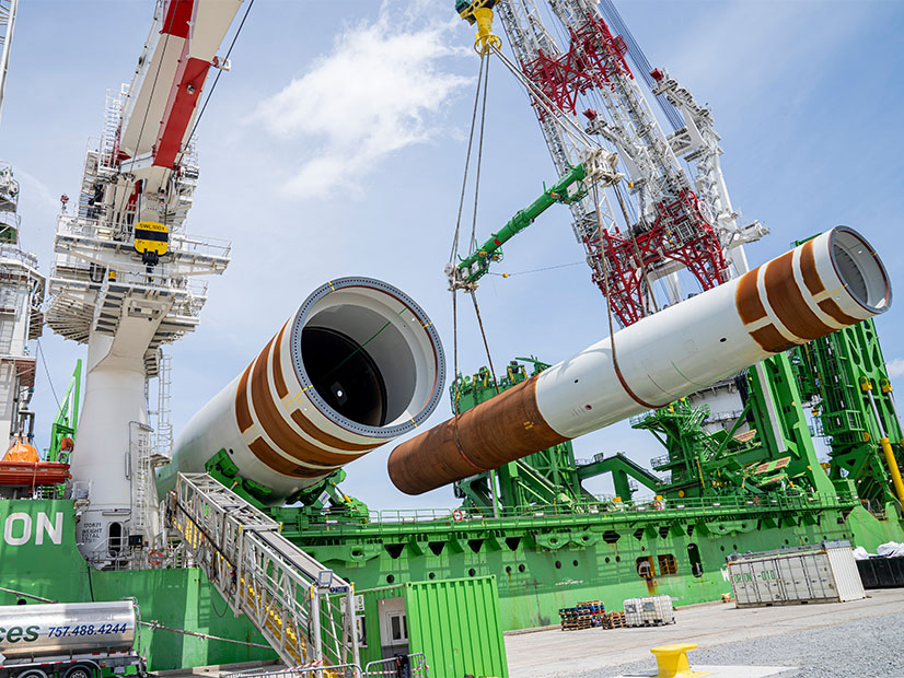 Monopile foundations for Dominion Energy’s Coastal Virginia Offshore Wind project are loaded onto an installation vessel in Portsmouth, Va.