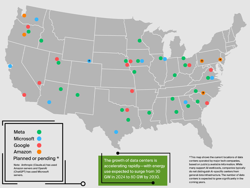 A map produced by Green America showing data centers operated by major tech firms.