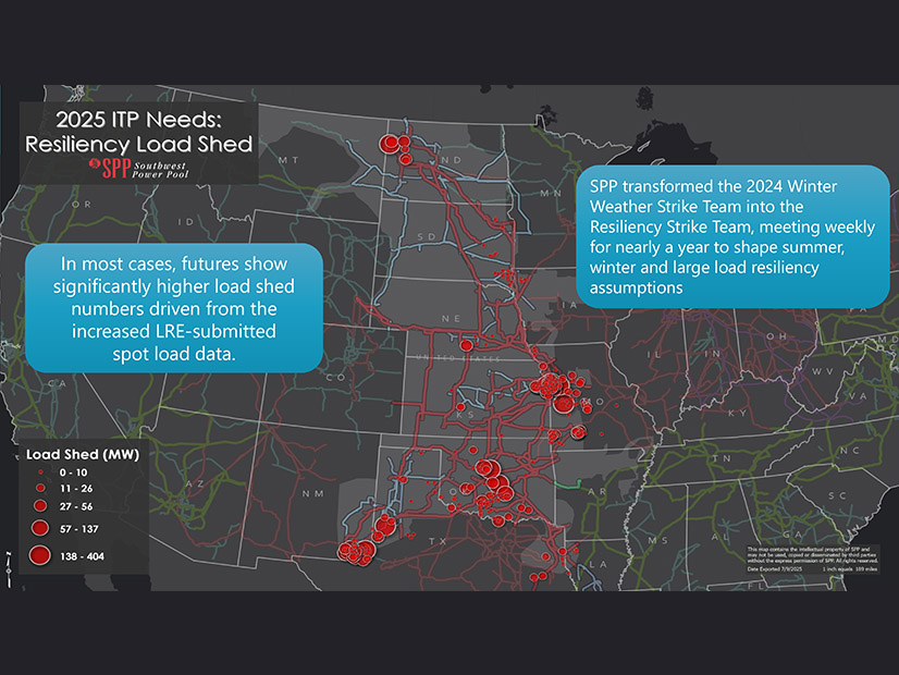 Map shows where SPP expects load-shed events if it doesn't build transmission to meet needs in its resiliency model.