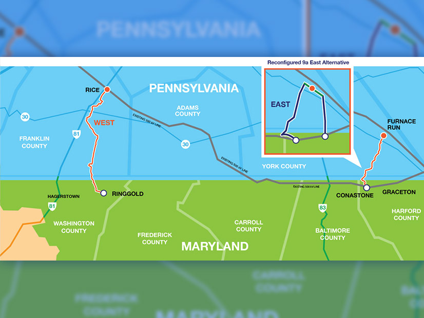 A PJM map shows the route of the proposed Transource 9A transmission project.