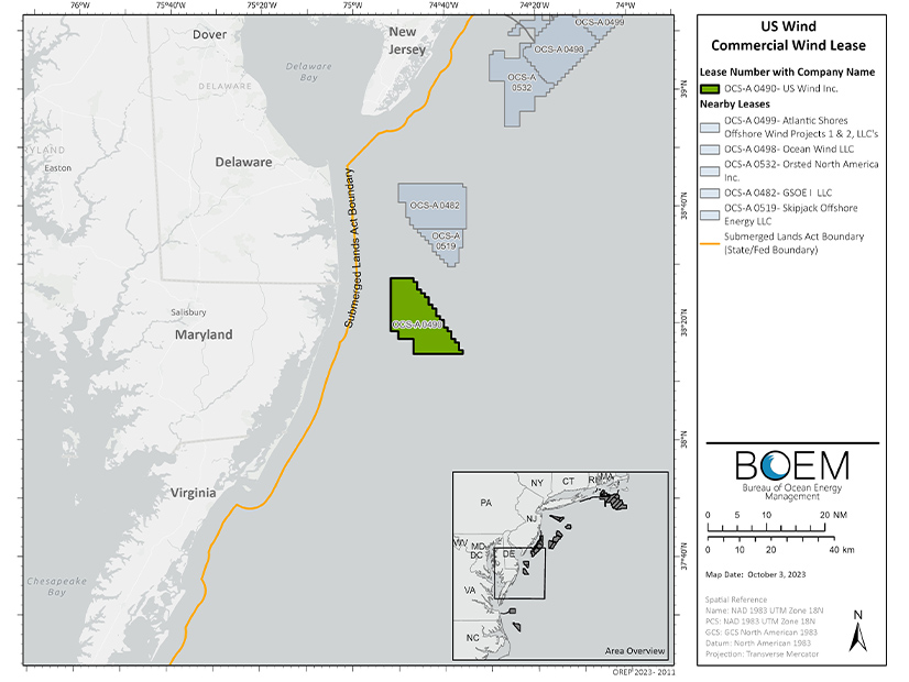 US Wind's offshore wind lease area is shown.