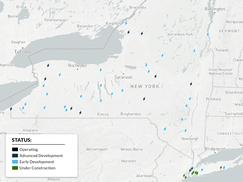 A map generated with Yes Energy data showing battery energy storage systems in various stages of construction.