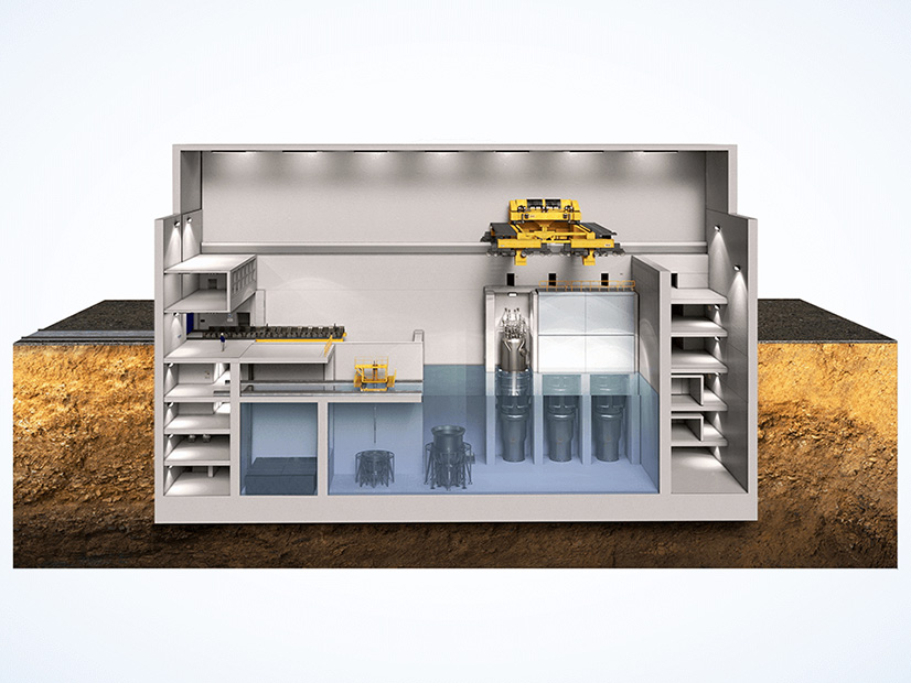 A cut-away diagram shows a potential configuration for a plant containing six of the small modular reactors NuScale is developing.