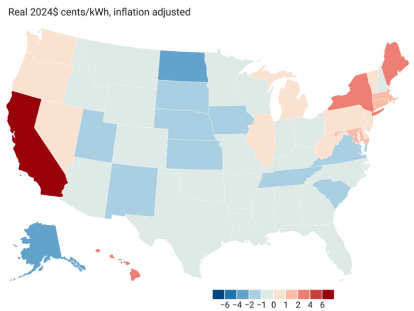 A map produced for a presentation alongside the report showing how average retail prices changed by state from 2019 to 2024.