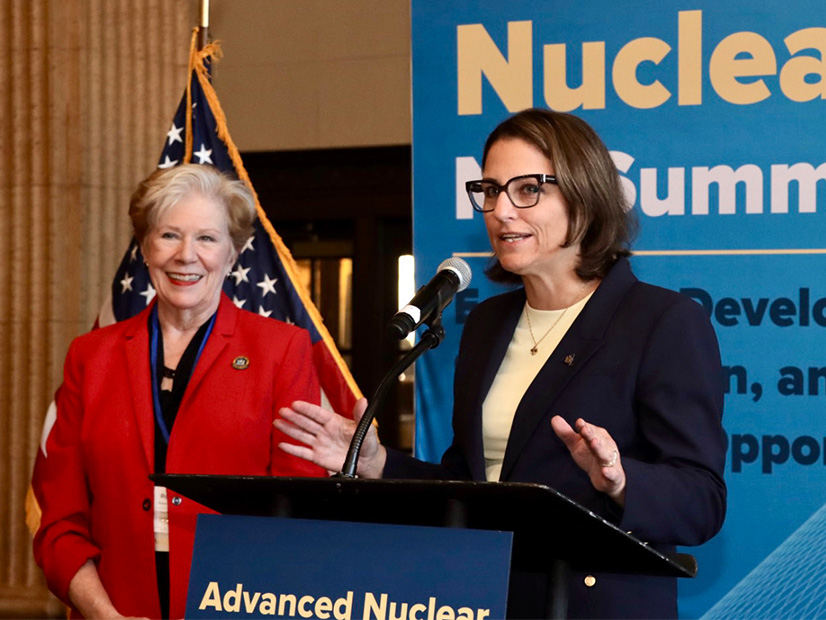 Doreen Harris, president of the New York state Energy Research and Development Authority, speaks at the 2025 Advanced Nuclear NY Summit in Syracuse, N.Y., on Sept. 30. Watching at her right is state Labor Commissioner Roberta Reardon.