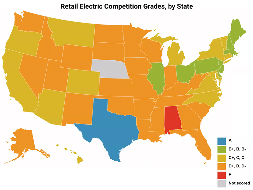 A map the R Street Institute made showing its grades for state electric competition policies