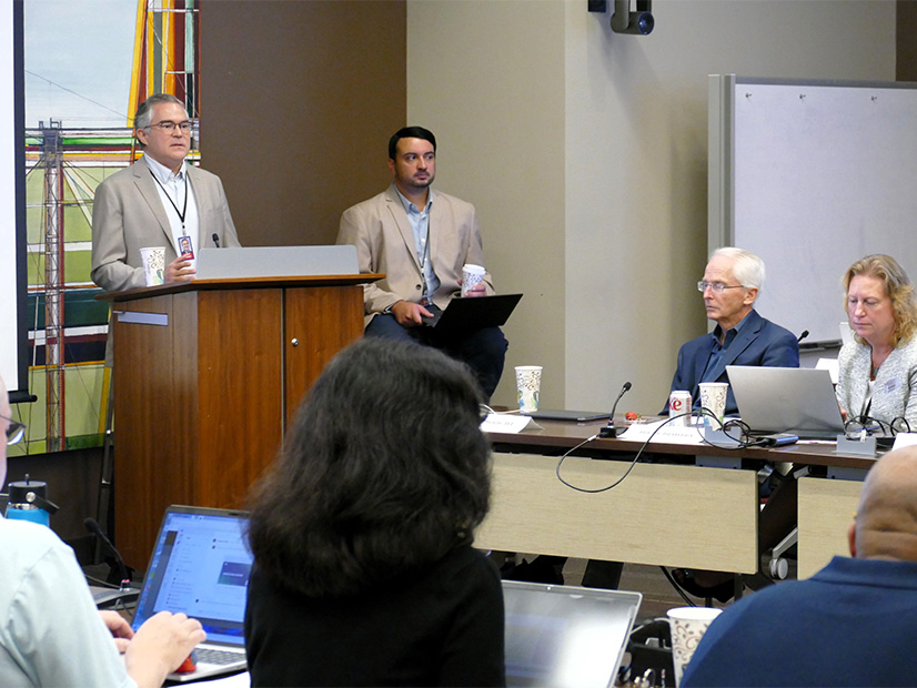 SPP's Casey Cathey (left) and Sunny Raheem lay out the 2025 Integrated Transmission Plan to MOPC.