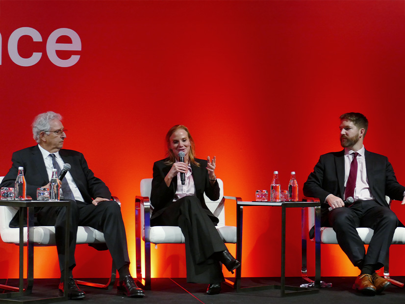 Speaking at S&P Global's Nodal Trader conference were (from left) former FERC Chair Richard Glick; Erin Eckenrod, AES; and Devin Hartman, R Street Institute.