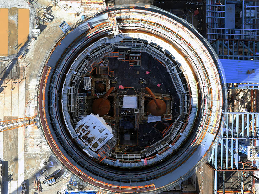 Plant Vogtle Unit 4’s containment vessel is viewed from above during construction in February 2020.
