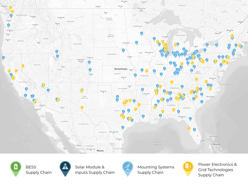 The Solar Energy Industries Association Solar & Supply Chain Dashboard shows the wide distribution of U.S. manufacturing facilities.