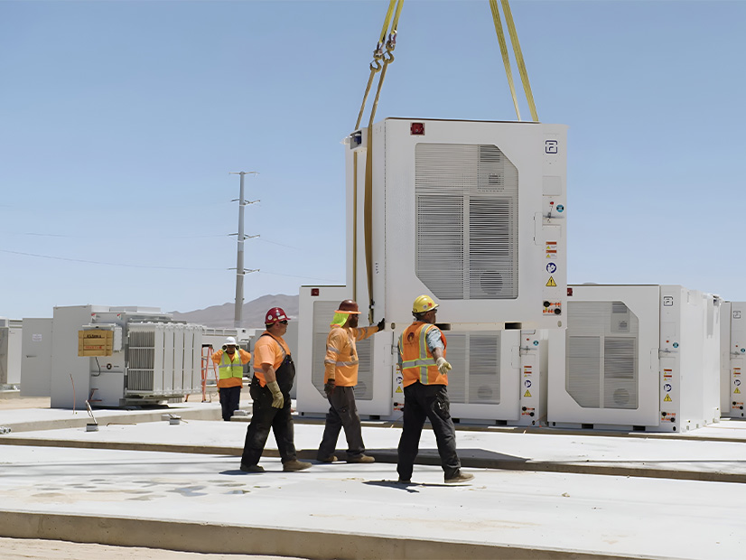 Workers guide a battery energy storage unit into position at a California facility. Installed storage capacity in the U.S. has been growing rapidly.